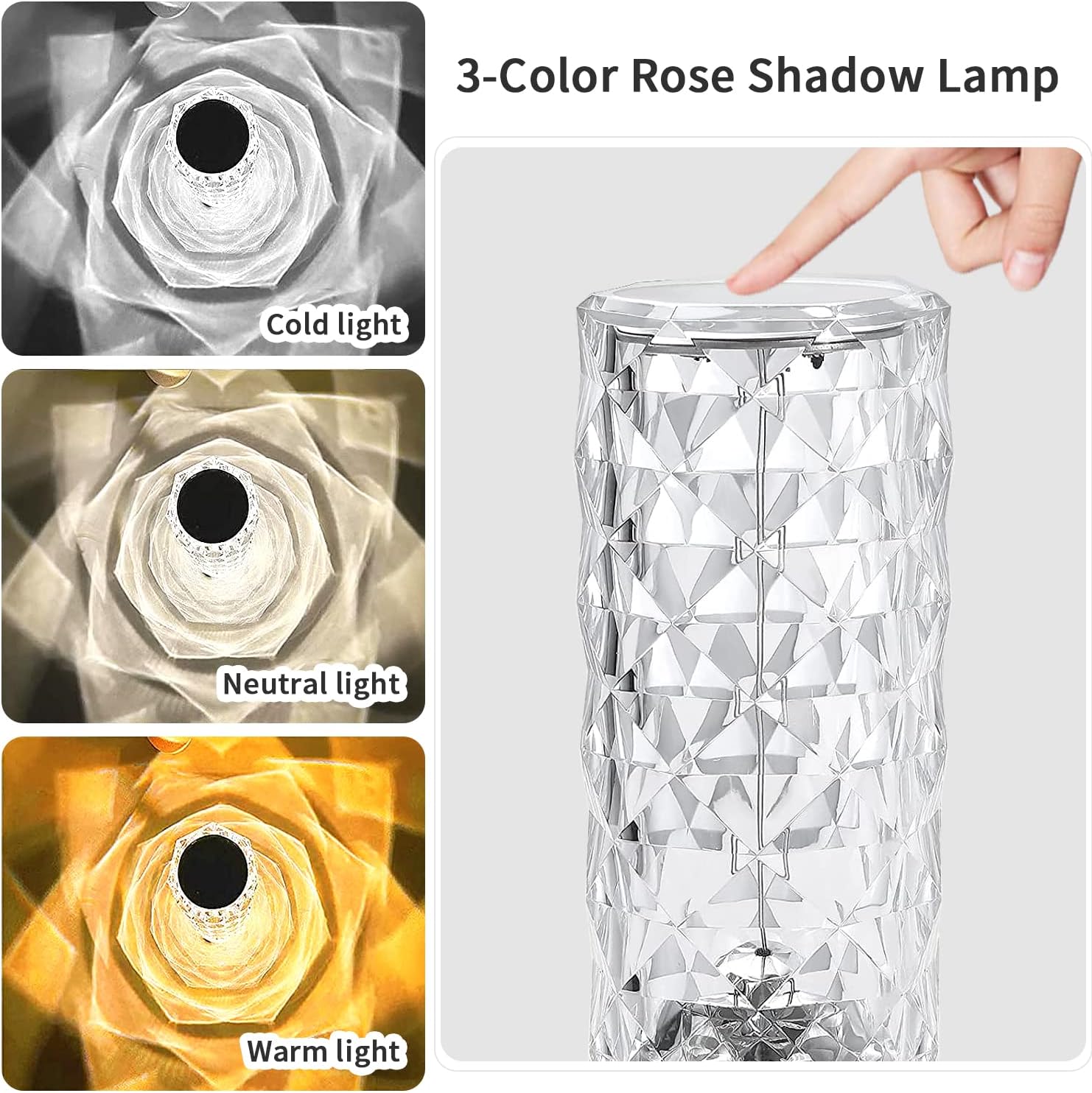 Rechargeable Rose Shadow Table Lamp,Touch and Remote Control,Colorful and Adjustable,Romantic Crystal Diamond Lamp