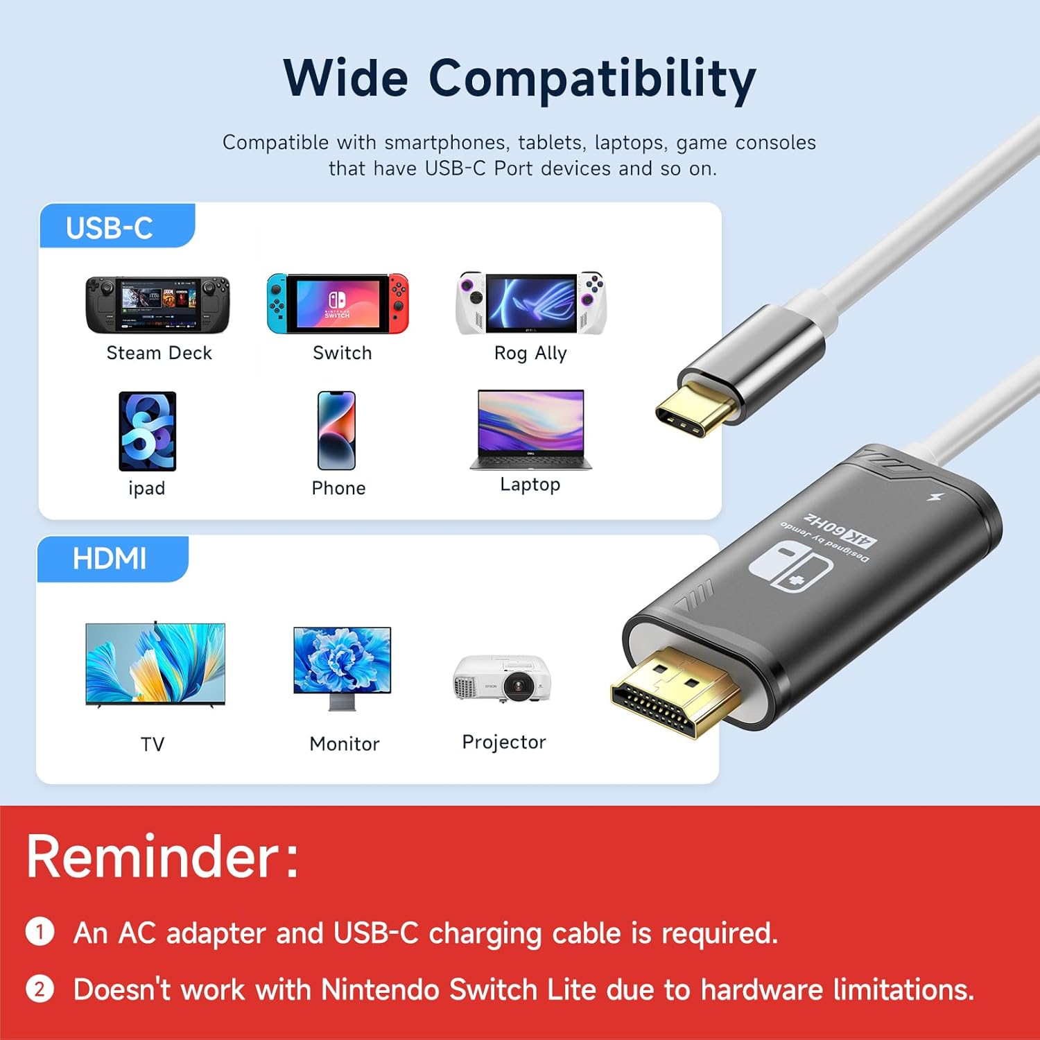 4K HD USB C to HDMI Cable For Switch