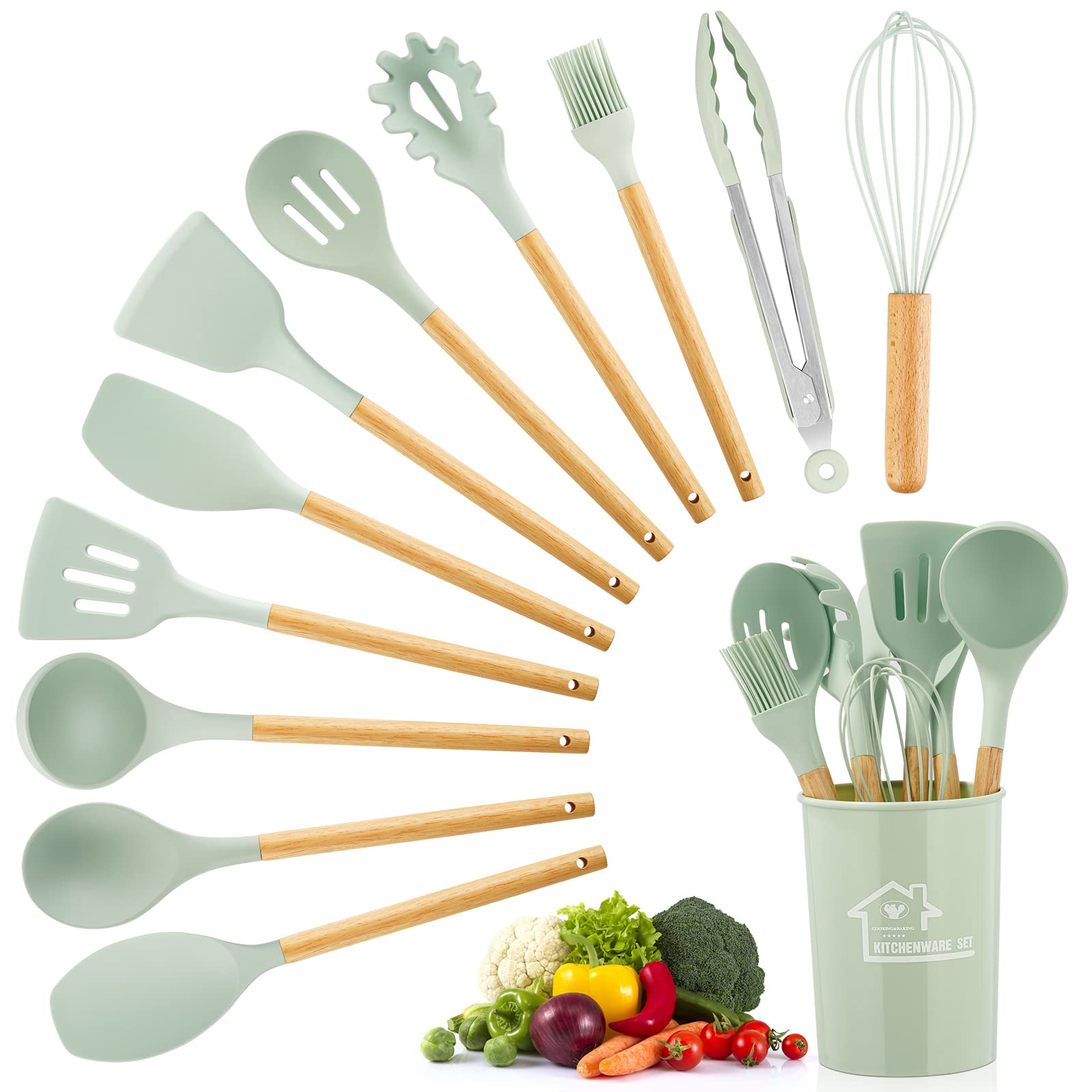 Heat resistant silicone kitchen utensil set, wooden handle