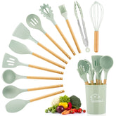 Heat resistant silicone kitchen utensil set, wooden handle