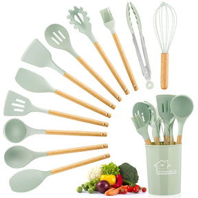 Heat resistant silicone kitchen utensil set, wooden handle