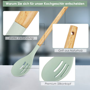 Heat resistant silicone kitchen utensil set, wooden handle