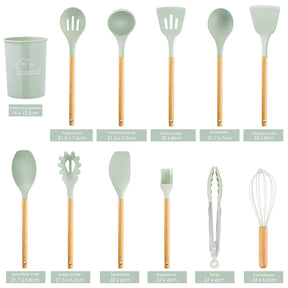 Heat resistant silicone kitchen utensil set, wooden handle