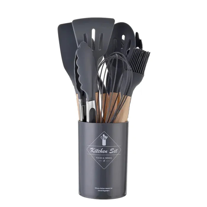 Heat resistant silicone kitchen utensil set, wooden handle