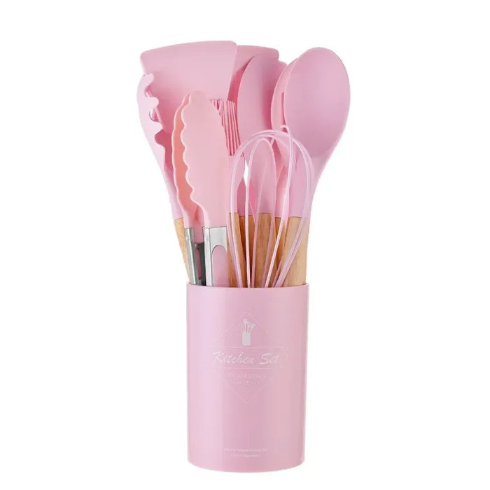 Heat resistant silicone kitchen utensil set, wooden handle